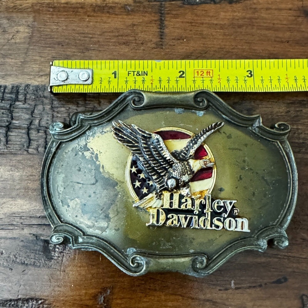 1978 Raintree Harley Davidson 75th Anniversary Enamel Belt Buckle Eagle Flag - Picture 9 of 16